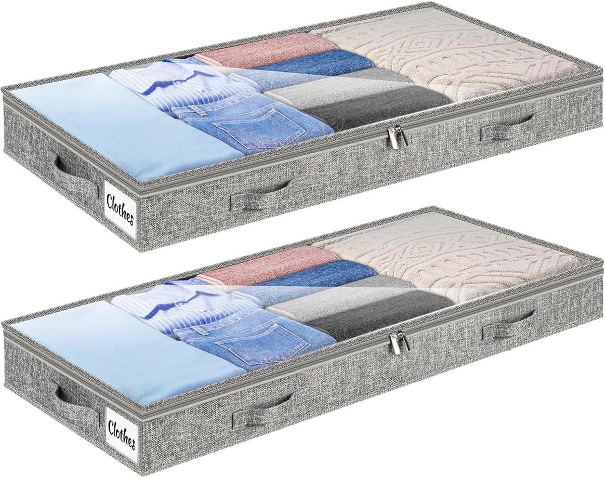 2 stuks opvouwbare opbergtassen onder het bed, met ritssluiting, opvouwbaar, transparant venster en versterkte handgreep voor dekens, opslag van kleding