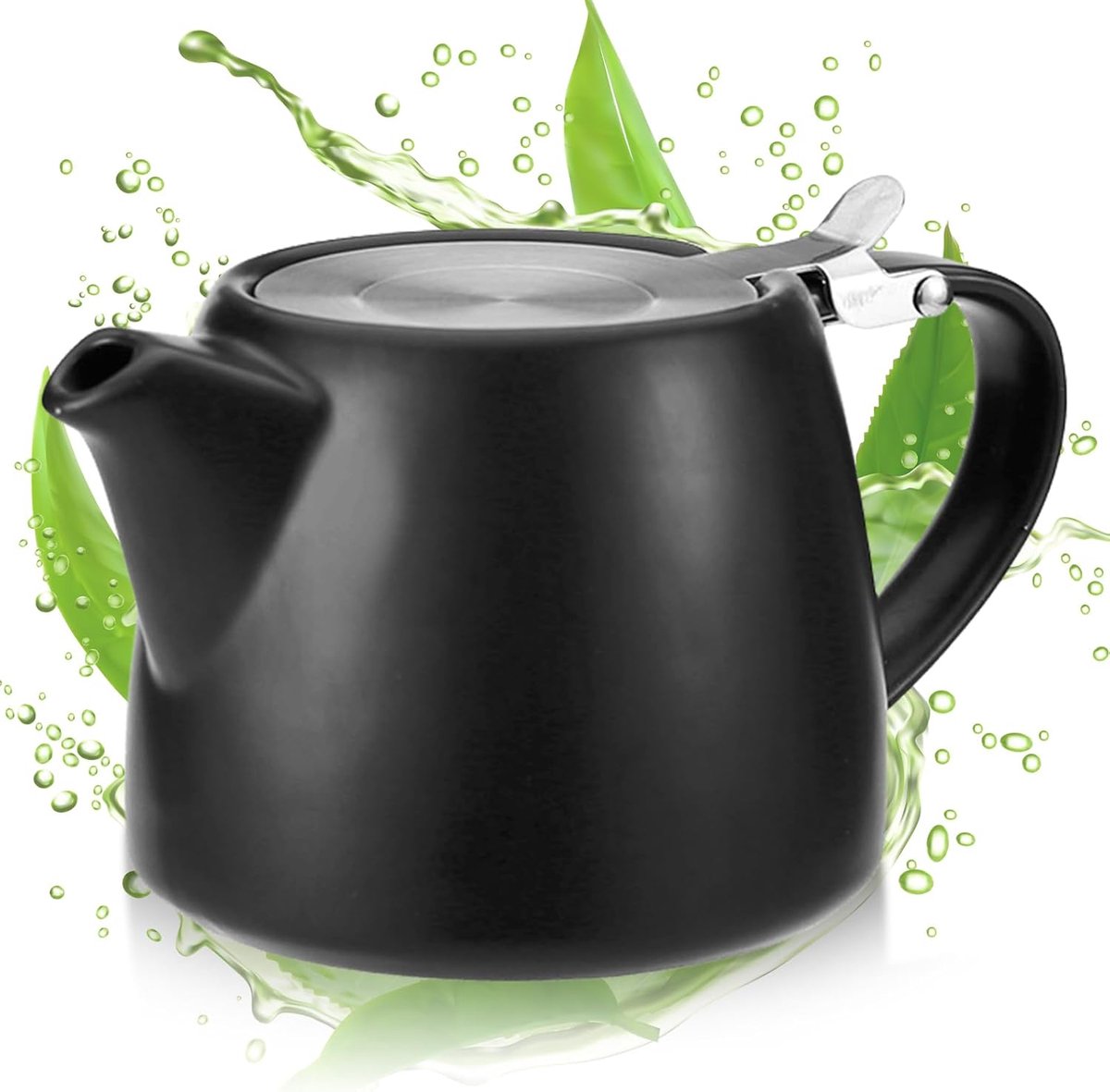 Theepot met zeef 500 ml, keramische theepot zwart met uitneembare roestvrijstalen theezeef, porseleinen theepot voor losse thee en theezakjes