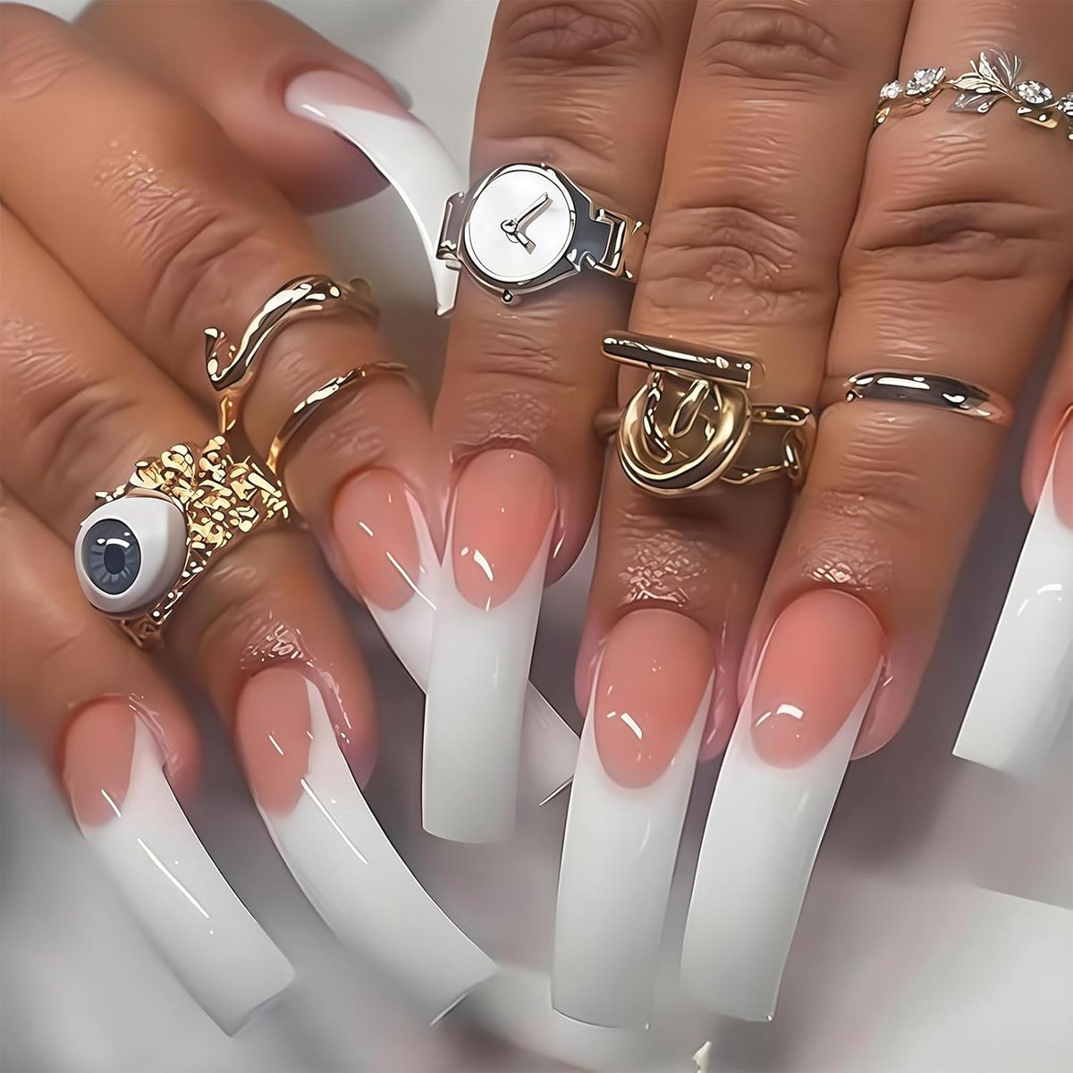 20 stuks XXL lange Press-on nagels, gebogen Franse punt nepnagels, lijm op nagelset voor feest, bruiloft en dagelijks gebruik voor vrouwen (roze en wit)