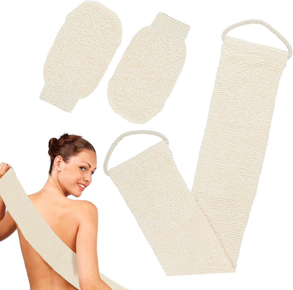 Rugschrobber, 3 stuks rugschrobber voor douche, bamboevezel, scrubhandschoen set, dubbelzijdige rugpeeling washandje met 1 ruggordel + 2 exfoliërende handschoenen (crèmewit)