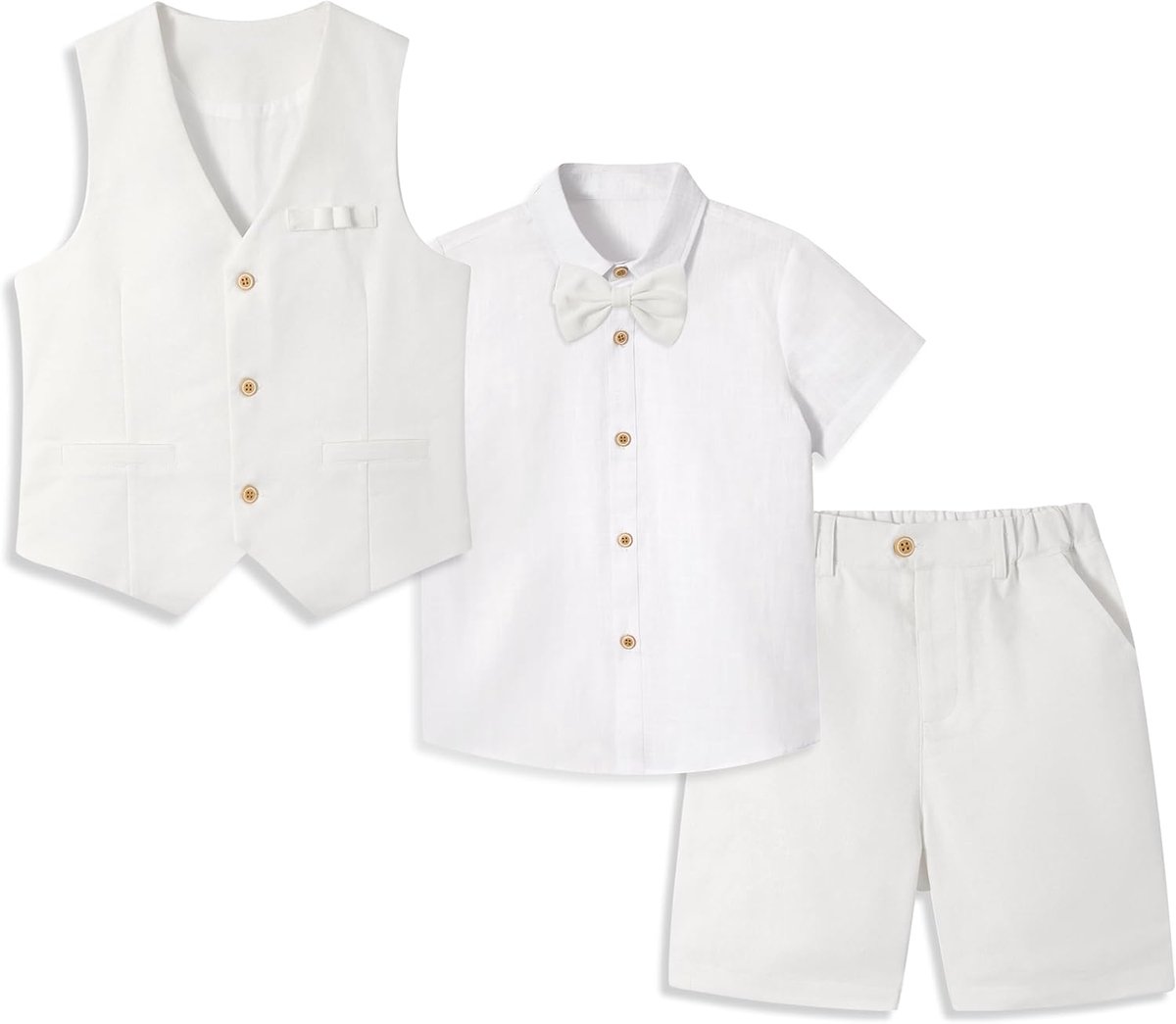 4-delige set pagen jongenspak voor jongens, linnen zomerpak, feestelijke zomerbruiloft, doop, ceremonie, verjaardagsfeestkleding, kindervest, shorts, pak set met vlinderdas
