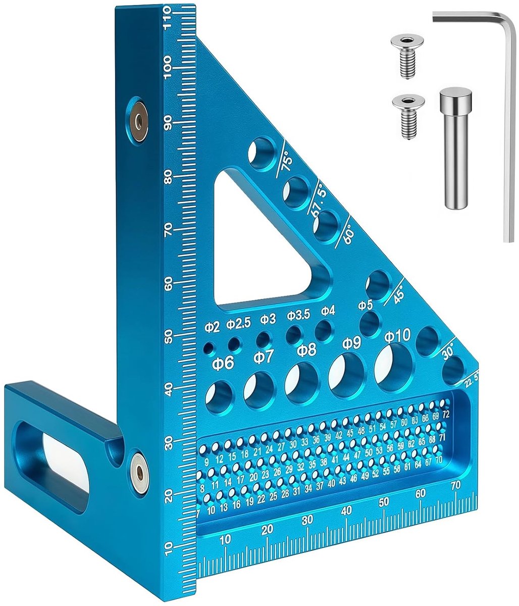 3D-verstekhoek, multifunctioneel, 22,5-90 graden hoekmaat van 8 mm, aluminiumlegering, zeer nauwkeurig lay-out-meetgereedschap, afscheurgereedschap met lasergravure, gradenboog en timmermanshoek voor