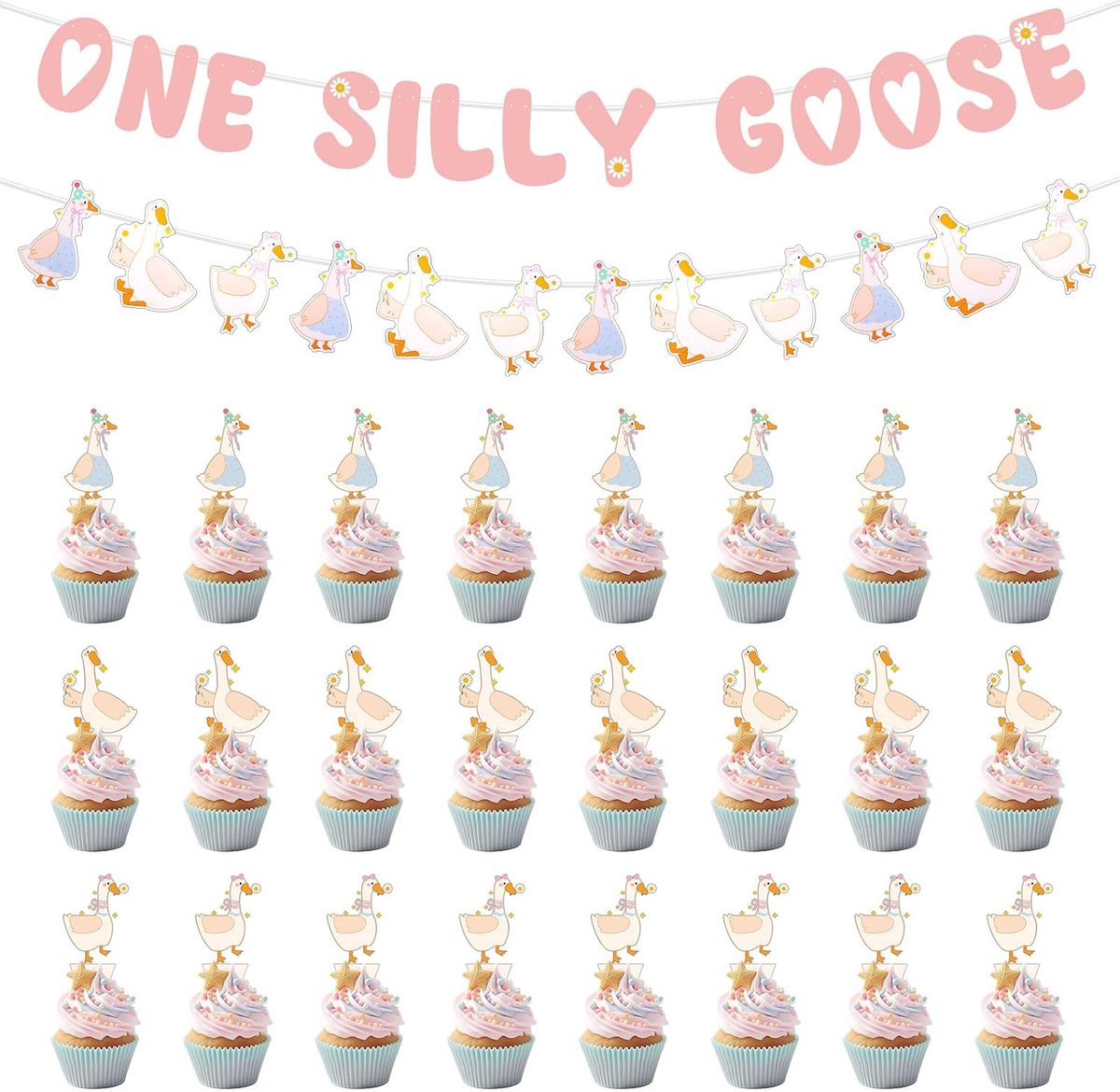 One Silly Goose Banner, Vooraf Gespannen Roze Gans 1e Verjaardag Banner Decoratie Schattig Muur Garland voor Babyshower Themafeest Foto Achtergrond