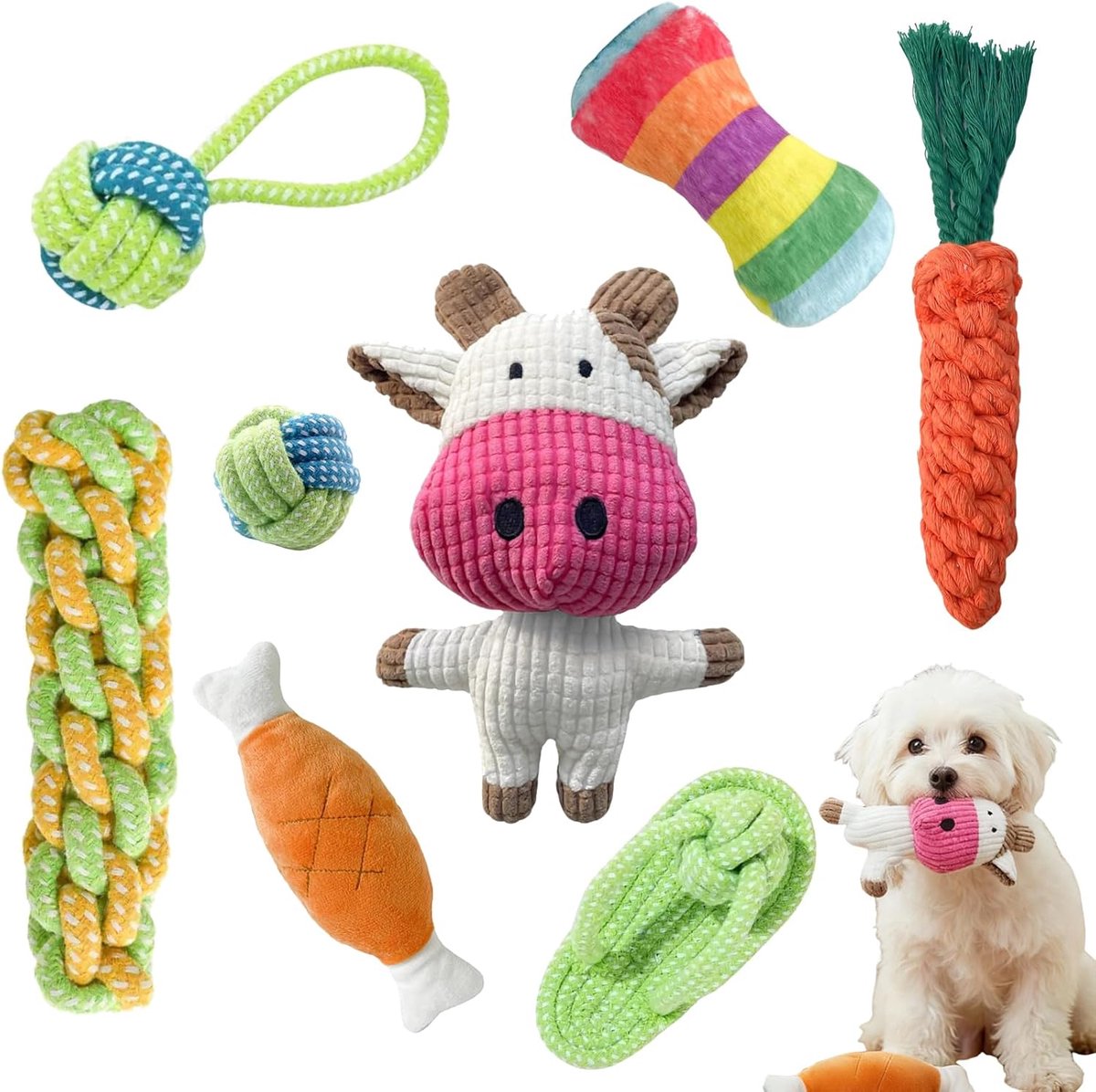 Hondenspeelgoedset voor kleine honden en puppy's, 8-delig puppyspeelgoed met piepspeelgoed en katoenen kauwspeelgoed, 3 pluche + 5 touwen, robuust en wasbaar, hondenaccessoires en