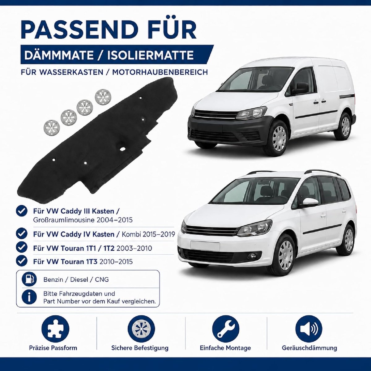 Isolatiemat demping motorkap isolatiemat compatibel met VW Touran Caddy 2003-2019 1T0863993G katoen - geluidsisolatie hittebescherming