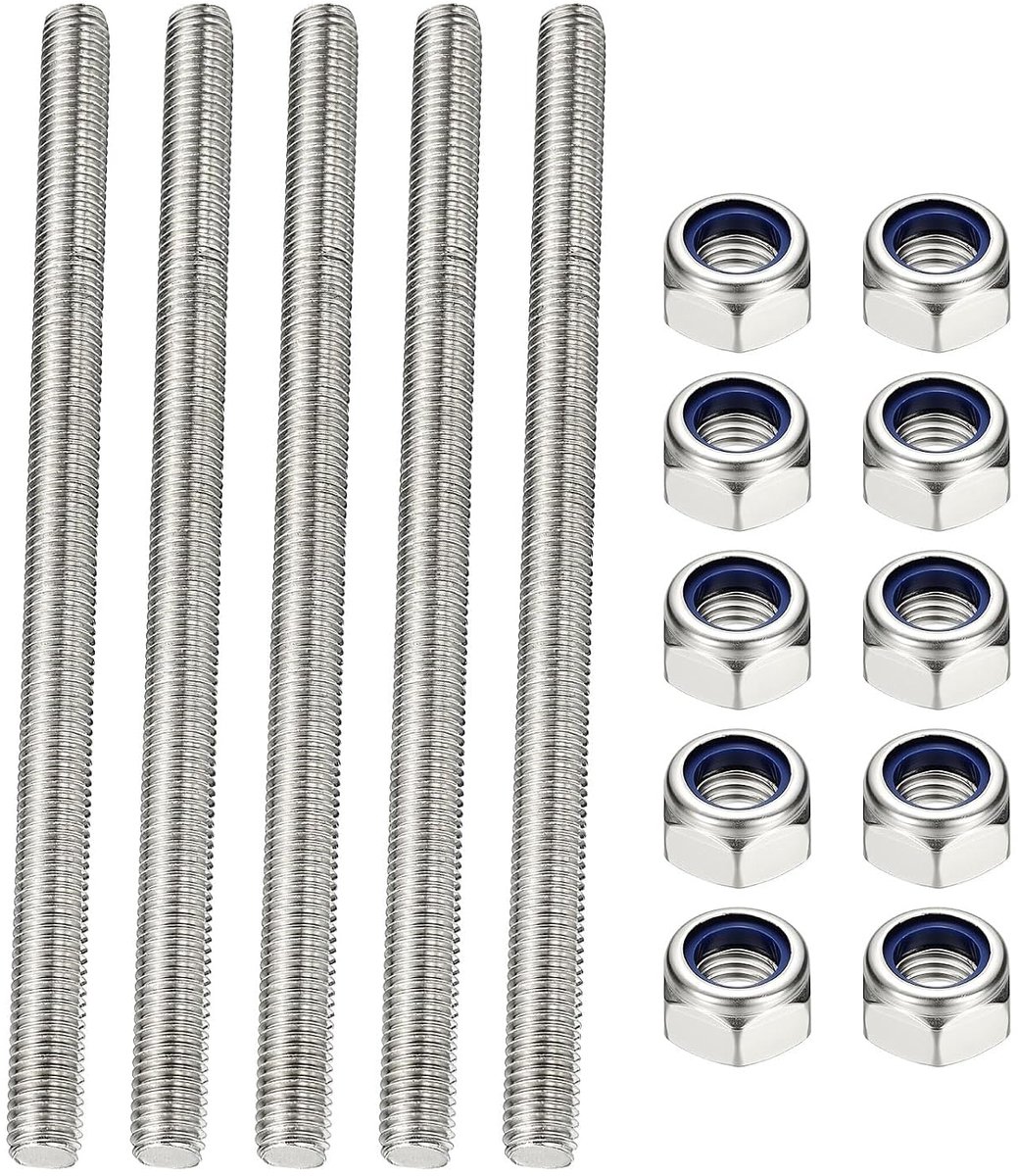 Roestvrijstalen schroefdraadstang M3 x 180 mm met 10 stuks zeskantmoeren, massieve schroefdraadstang, lange metalen stang met schroefdraad voor montage, bevestiging van meubels