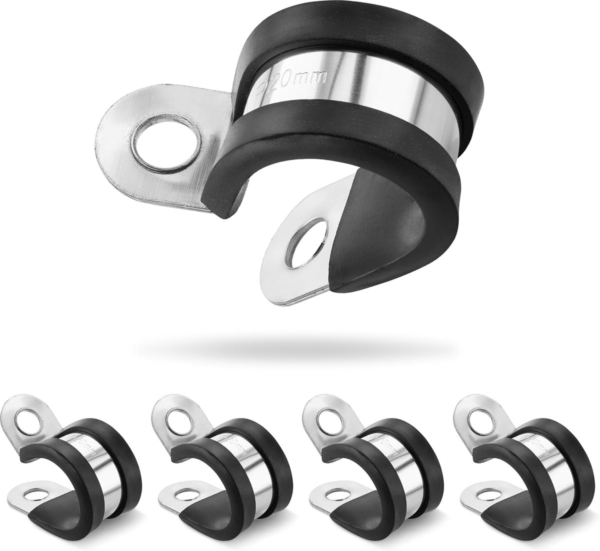 5x Slangklemmen P-klem Roestvrij staal, Spanbereik 20mm, Bandbreedte 20mm, met rubber bekleed