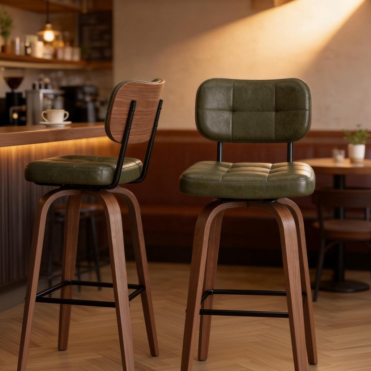 Pugsdrly Barkruk Curve – draaibare kruk met PU-bekleding, gebogen houten sikkelvormige rugleuning en metalen frame, 360° draaibaar, set van 2