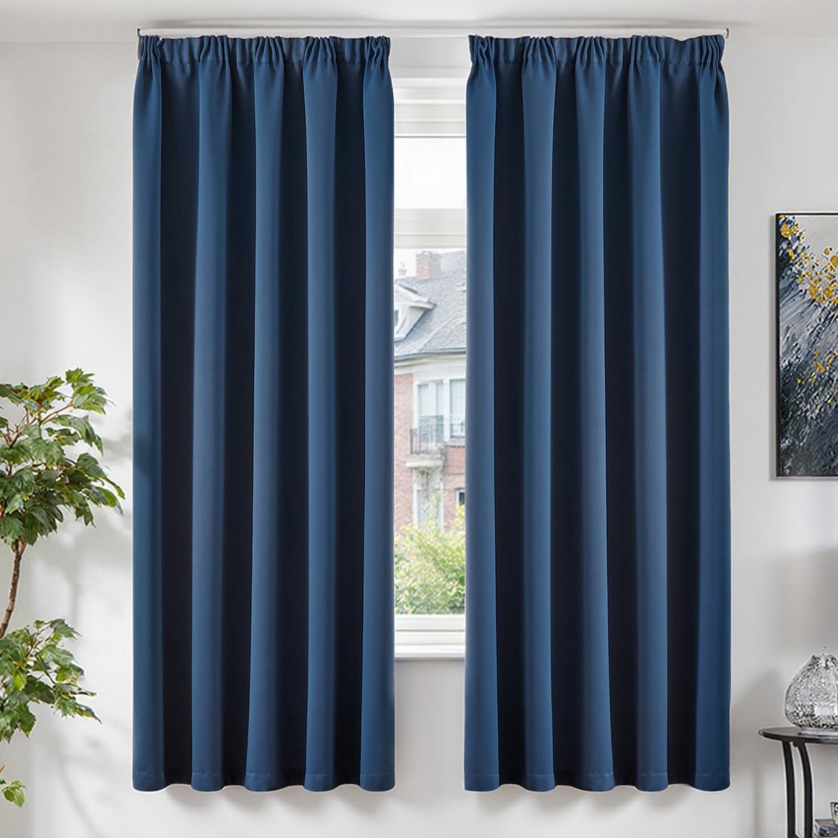 Gordijnen met plooiband, ondoorzichtige verduisteringsgordijnen, 200 x 140 cm, set van 2 gordijnen, woonkamer, verduistering, gordijnen, slaapkamer, railsysteem, raamgordijn, donkerblauw