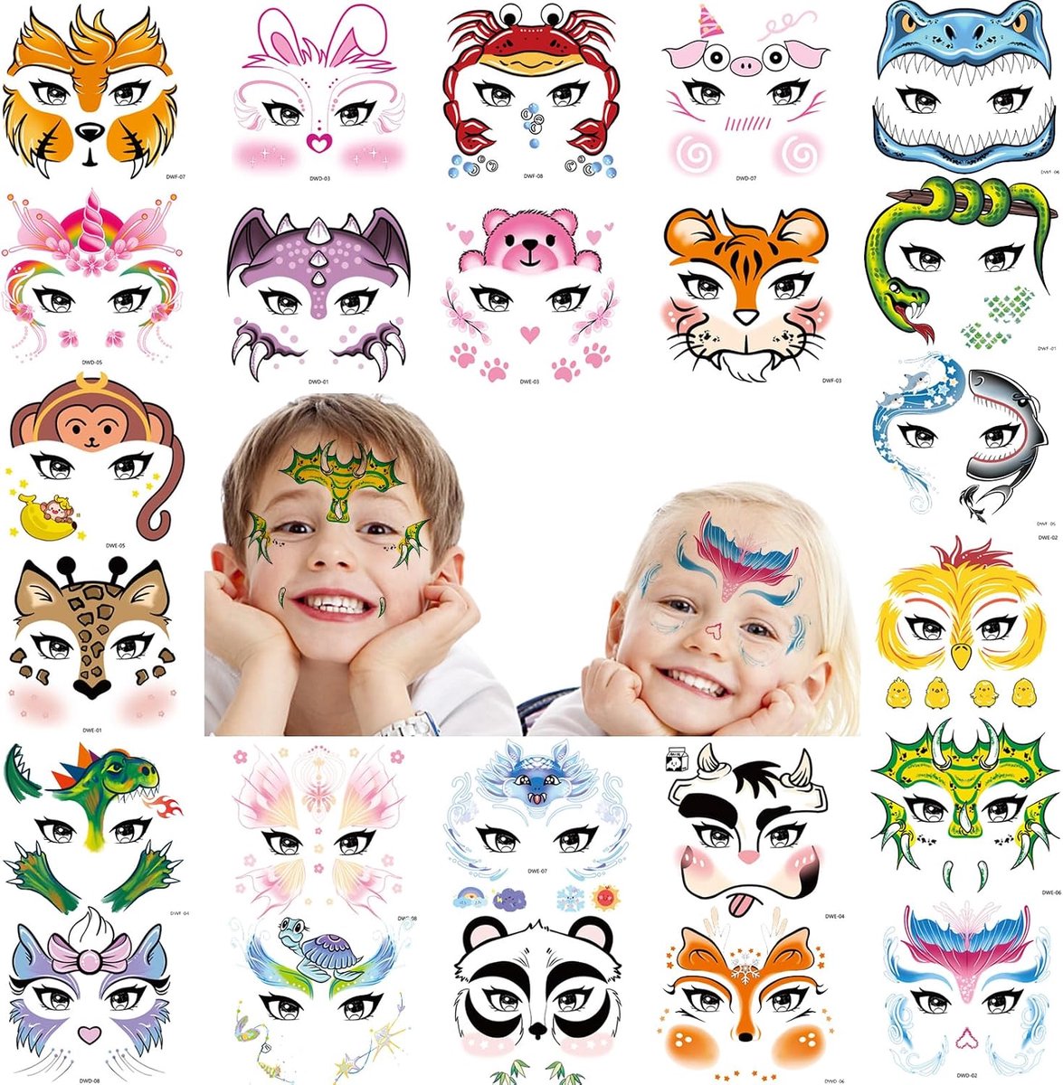 Tijdelijke tatoeages voor kinderen, schattige dierengezichtskleur, make-up tatoeagestickers voor jongens en meisjes, verjaardagsdecoraties, dieren, feestzakken, vulstoffen, voorraden