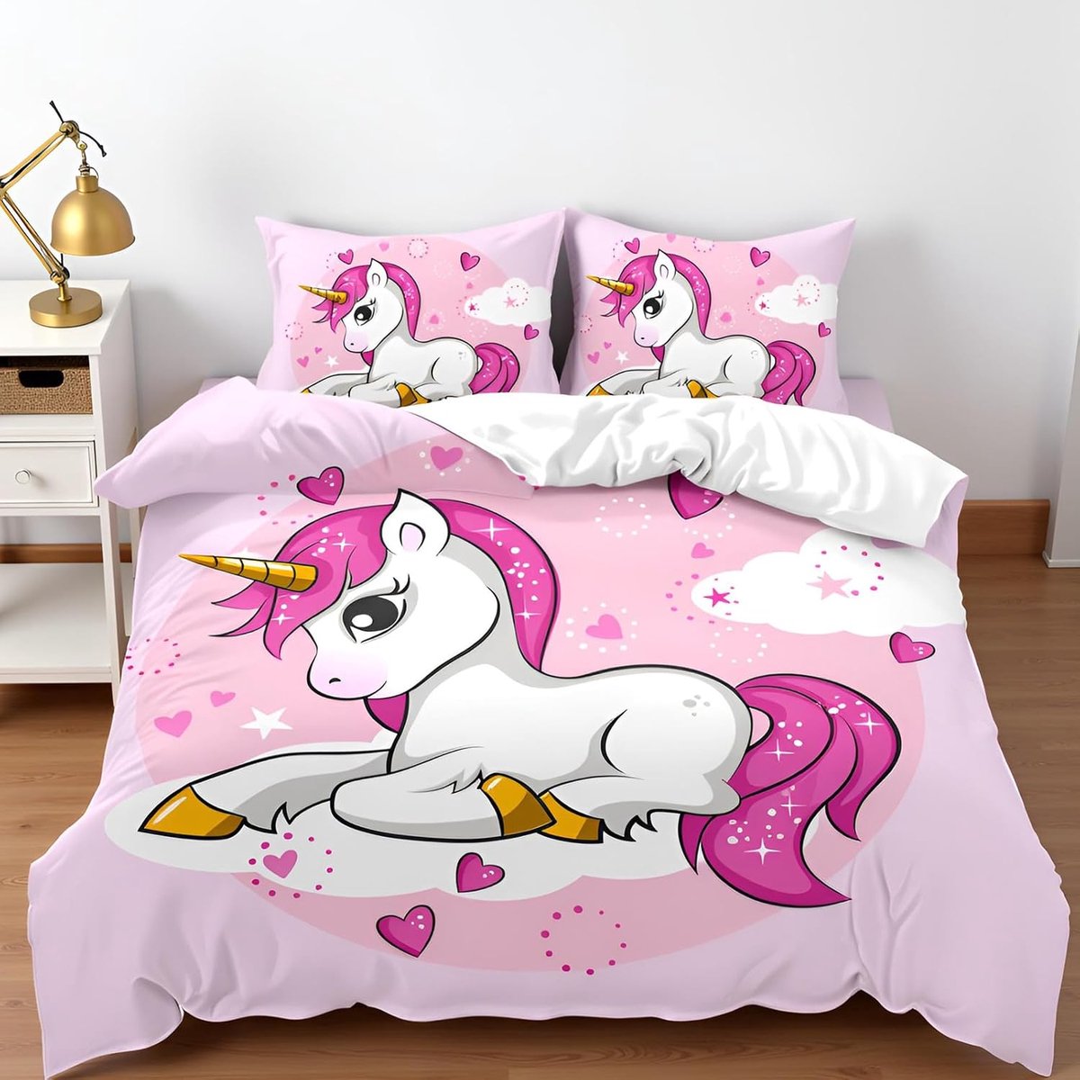 Beddengoed Eenhoorn 135 x 200 cm Roze Meisjes Beddengoed Set Leuke Cartoon Regenboog Eenhoorn Motief Dekbedovertrek met Kussenbeschermer (C, 220 x 240 cm)