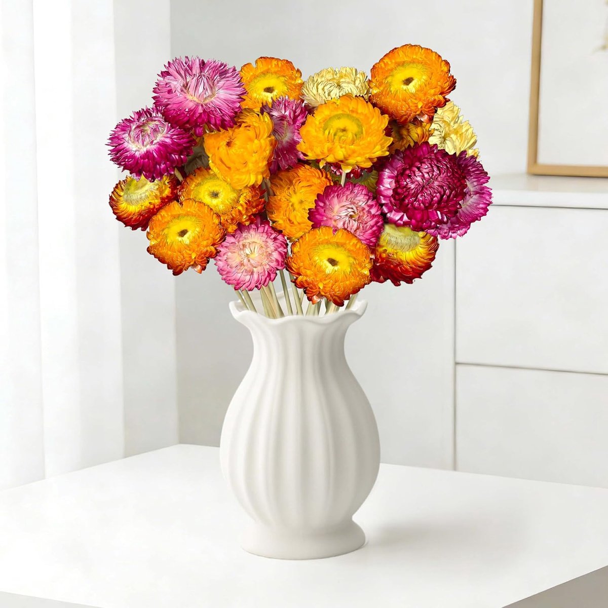 Gedroogde bloemen, 20 stuks veelkleurige gedroogde madeliefjes met stengels voor bruiloft, thuis en op kantoor, feestdecoratie