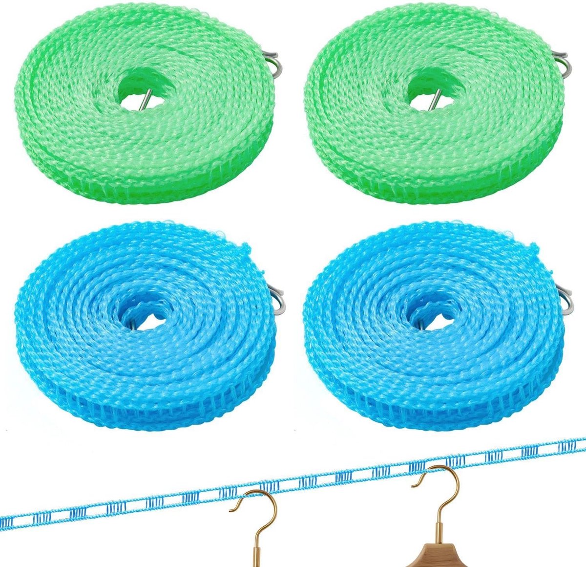 4 Rollen Outdoor Waslijn, Antislip En Winddichte Waslijn, Punch-Free Drogen Quilt Touw, Duurzaam En Sterk Draagvermogen (Blauw, Groen).