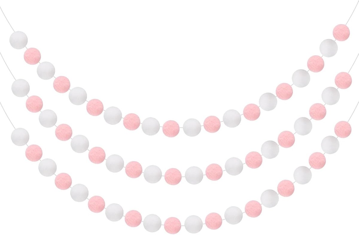 Pom Pom-slinger, 3 stuks, 2 m, 30 ballen, kleurrijke vilten balslinger voor wanddecoratie, verjaardagsbanner, paasfeestdecoraties, roze, wit
