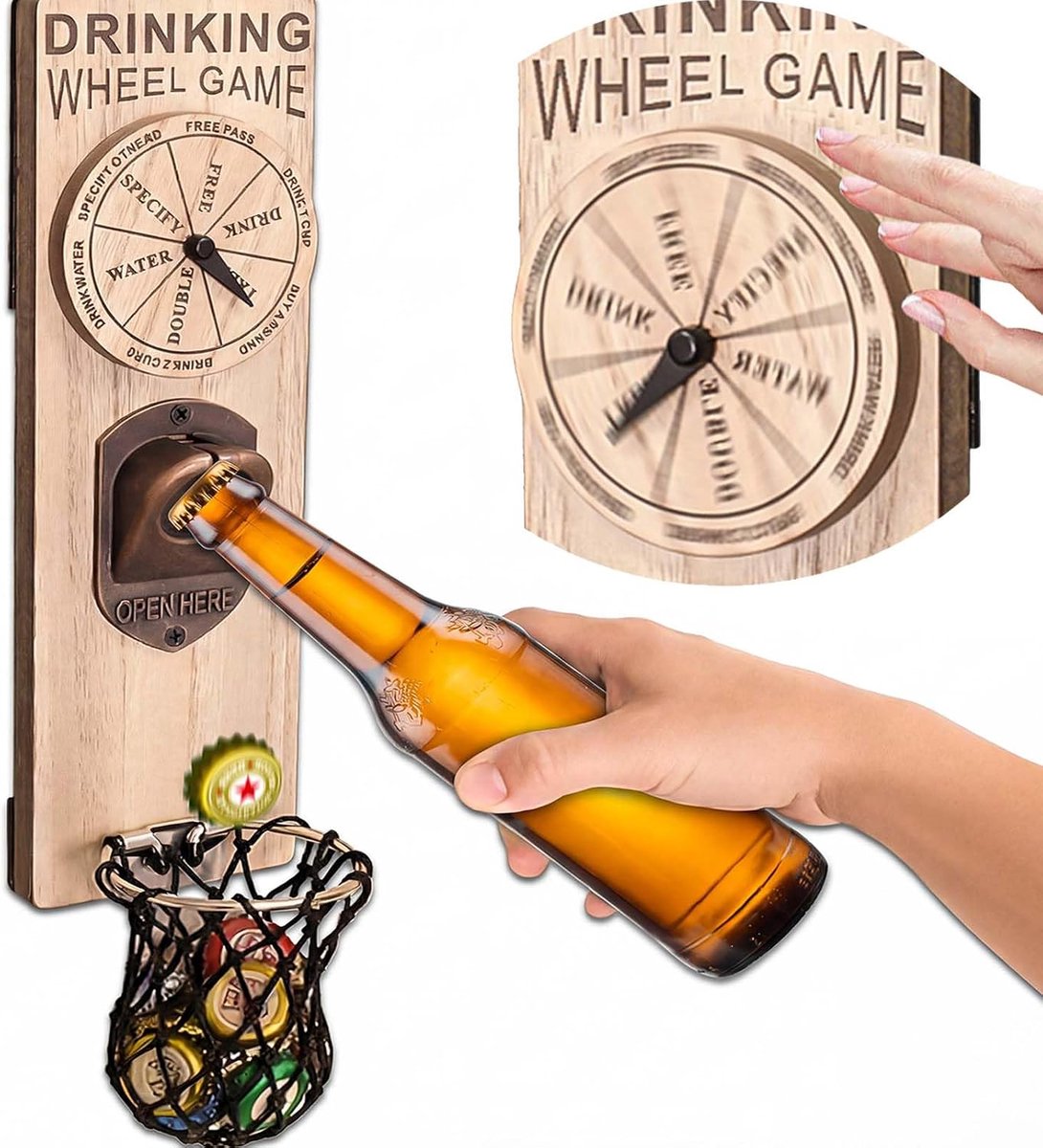 Flesopener voor aan de muur met drinkspel, magnetische flesopener, originele bierflesopener, met roulette, intact deksel, cadeau-idee voor mannen, verjaardag (met houder)
