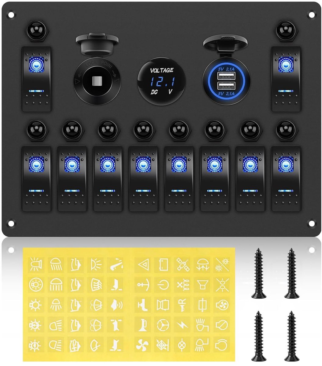 Schakelpaneel 12 V/24 V schakelaar paneel, 10-weg waterdichte tuimelschakelaar met stroomonderbreker, voltmeter, reset-stroomonderbreker, sigarettenaansteker-stopcontact, dubbele USB-oplader