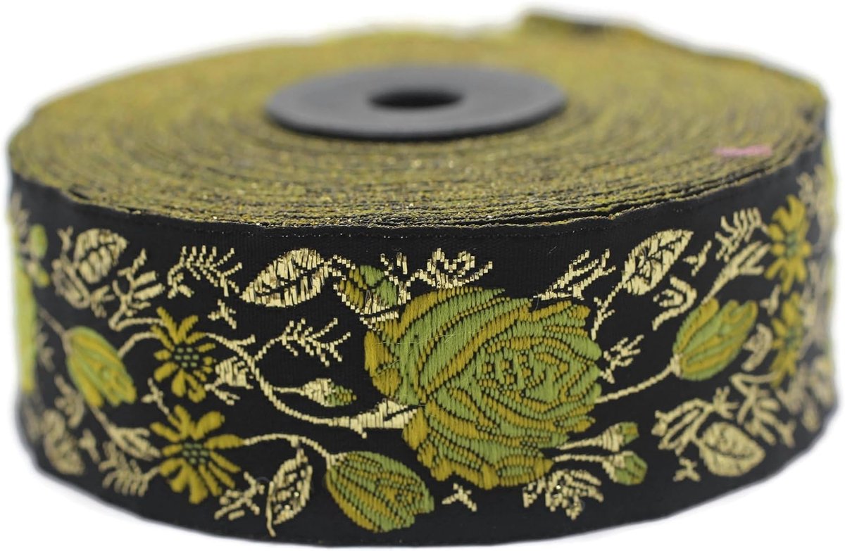 Jacquard-lint, groen en geel, roze, 10 m x 35 mm, rol borduurlint voor naaien, decoratie 35089-V1
