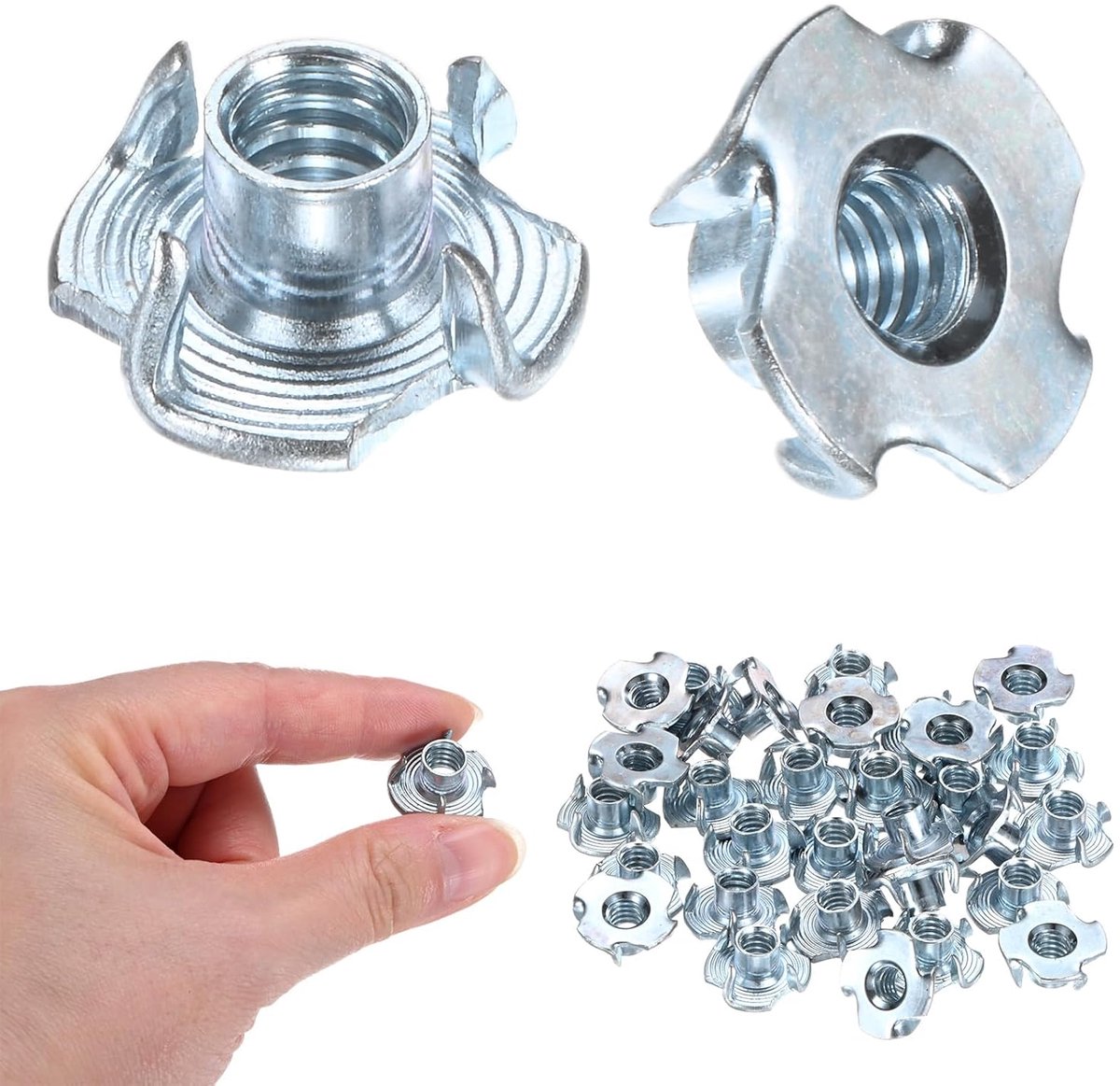 T-moeren 1/4-UNC, hengellengte 5/16 inch, koolstofstaal, 4 tanden, draadinzet voor hout/klimmen/meubels, corrosiebescherming