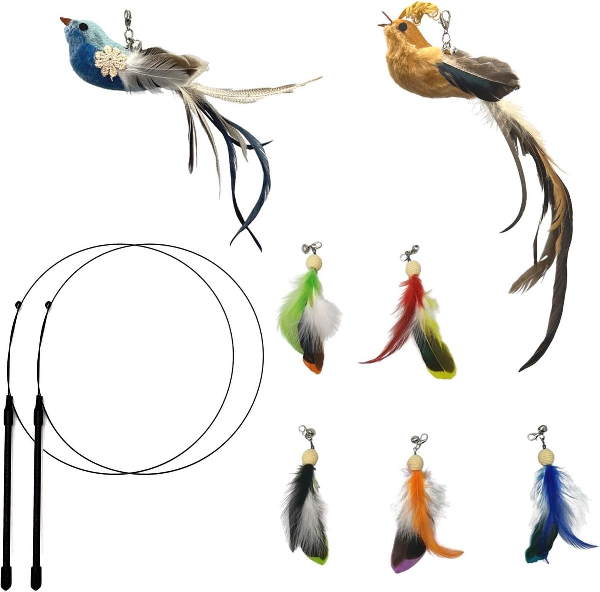 Interactief Katten Veren Speelgoed voor Kat Volwassene en Katje, 7st Vervanging Vogels Ballen Veren met Bel en 2st Handheld Elastische Teaser Toverstokjes voor Kitty Katje Binnen (B)