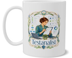 Mok Testanalist Art Nouveau Beroepen Illustratie Koffiemok met Opdruk Testanalist Elegant Gouache Ontwerp voor Software Tester en QA Specialist Kantoor Cadeau Dubbelzijdige Bedrukking