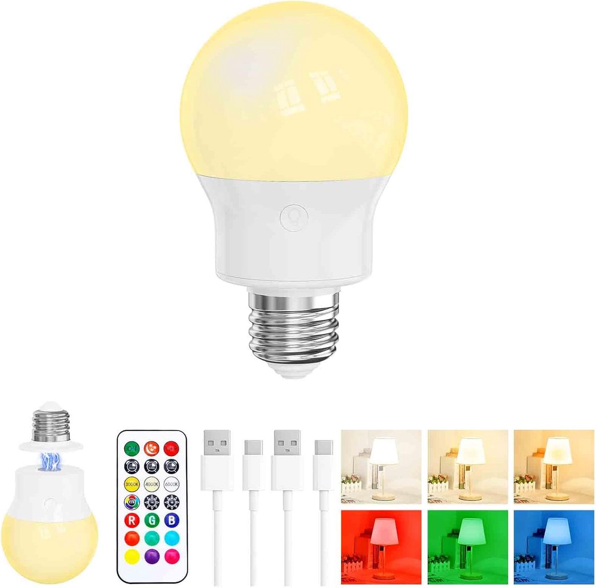 LED Gloeilamp met Afstandsbediening, Dimbaar, Magnetisch, E27 Gloeilamp Accu, 3 Kleurtemperaturen + 9 RGB Kleuren, 480LM, 3 Timers, Voor Lamp Zonder Stroom, Camping & Noodverlichting 1 Pack