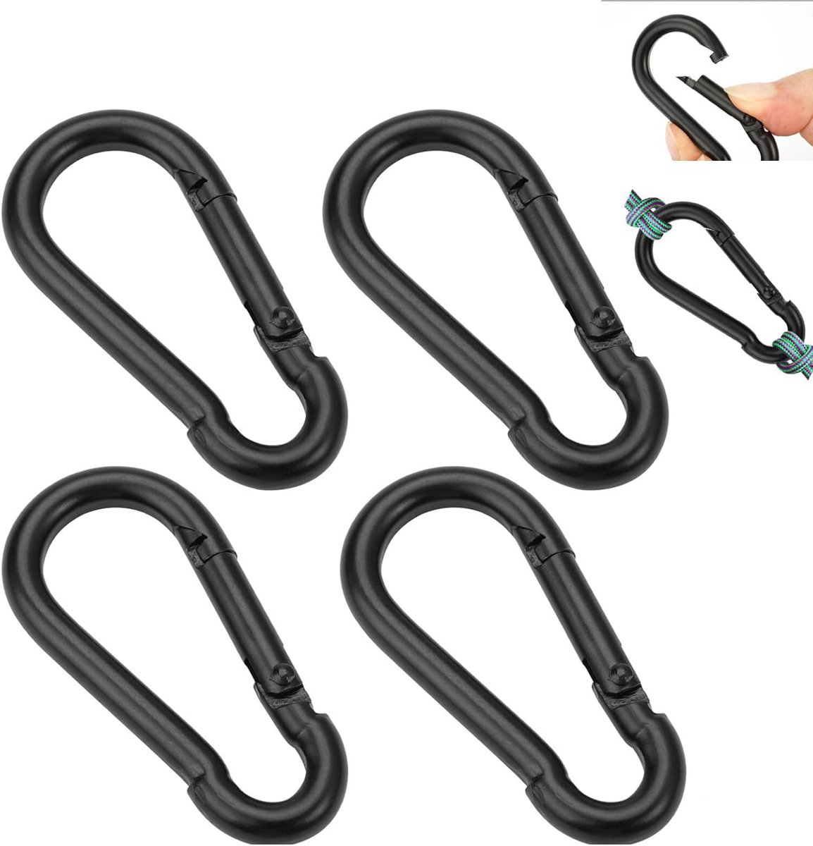 karabijnhaak, 6 x 2,8 cm, 4 stuks roestvrijstalen veiligheidskarabiner, multifunctioneel voor kamperen, reizen, wandelen, vissen, rugzak en sleutelhanger