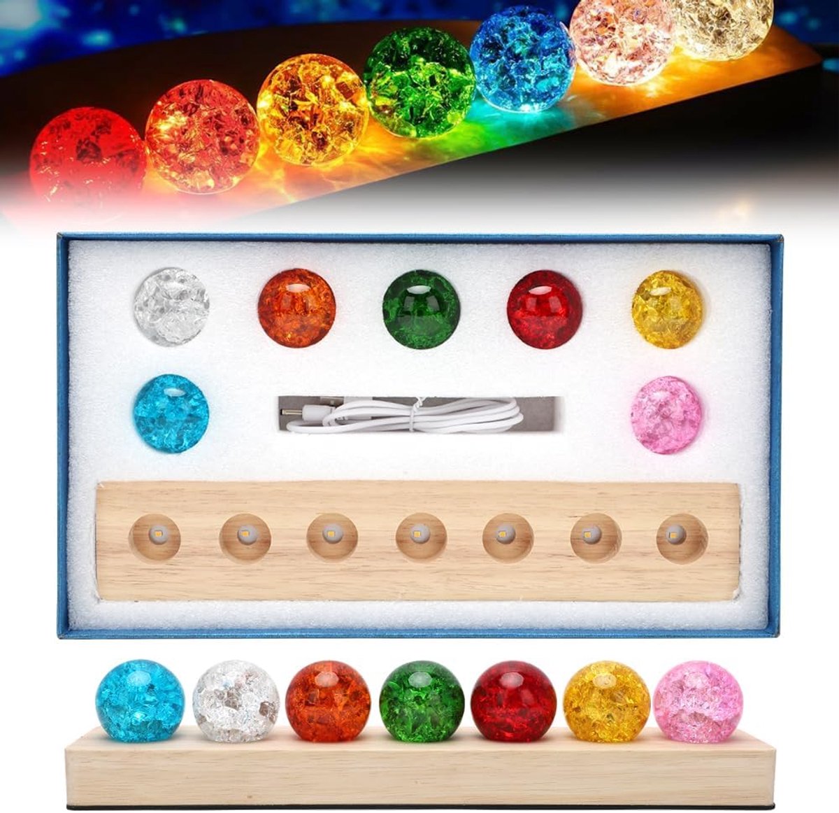3D kristallen bol nachtlampje, 7 kleuren kristallen ballen 40 mm ijs scheuren ballen glazen bol planeten lamp met houten sokkel, astronomie led-bal lamp, chakra kristallen ballen helende ballen bal