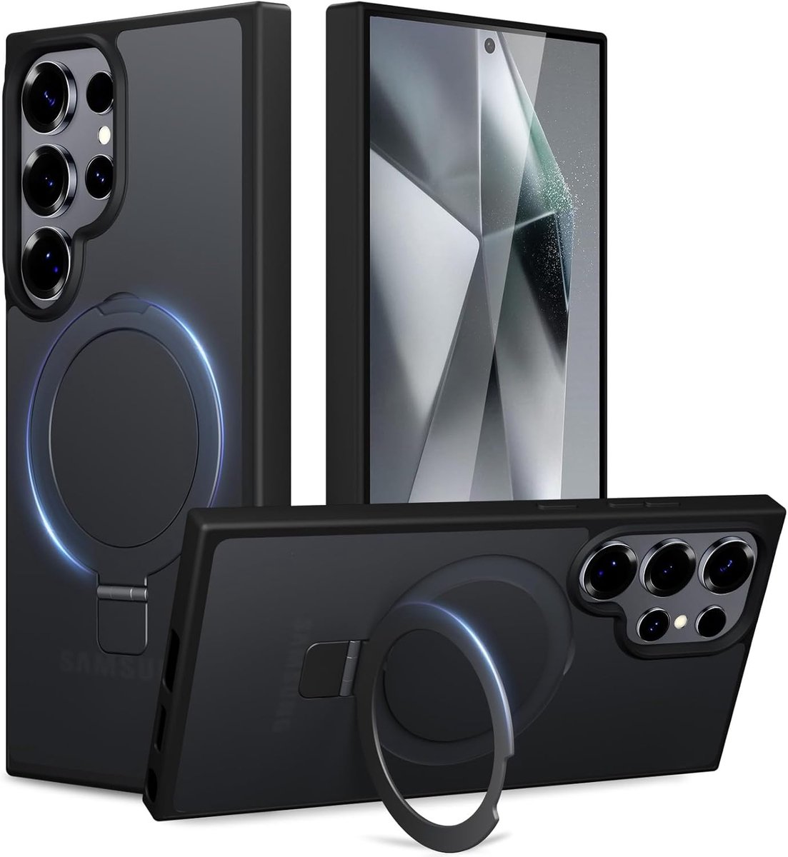 Magnetische beschermhoes voor Samsung Galaxy S24 Ultra met standaard, compatibel met MagSafe, transparante hoes, mat, dun, TPU + hard PC, schokbestendig, beschermhoes met standaard en
