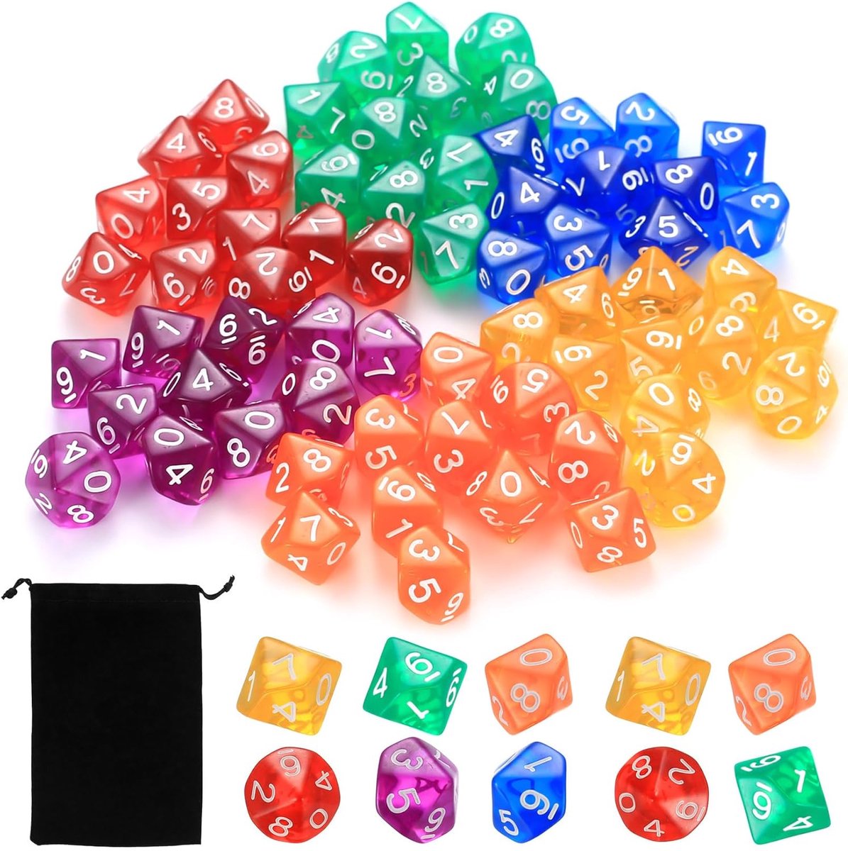 72 Stuks Meervlakke D10 Dobbelstenen, Acryl, Meerkleurig, Met 1 Opbergtas, Voor D&D/RPG/MTG, Tafelspellen, Rollenspel
