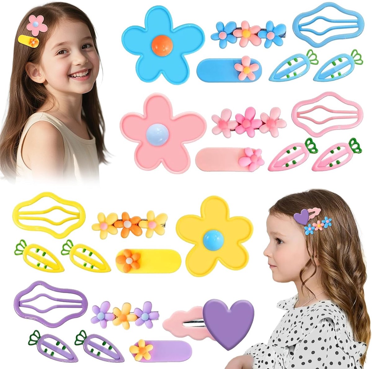Haarspelden voor meisjes, 24 stuks cartoon-haarspelden voor kinderen, haarspelden voor meisjes, snoepkleurige haaraccessoires geschikt voor kleine meisjes, kinderen en tieners, met verschillende