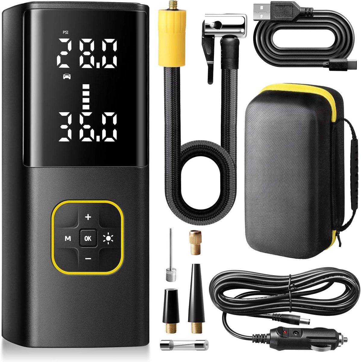 Lotoo Elektrische luchtpomp voor fiets, 150 psi/10,3 bar, 9000 mAh accu, luchtpomp, elektrisch met led-display, draagbare accu, autocompressor met 12 V DC-kabel en ledlicht, voor auto,