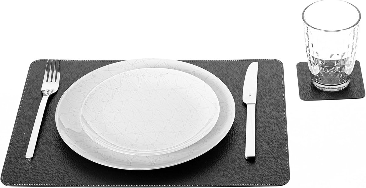 Placemats en Onderzetters - 4 Tafelmatten (40 x 30 cm) en 4 Onderzetters (10 x 10 cm) - Gerecycled Natuurlijk Leer - Selectie van Kleuren (Zwart)