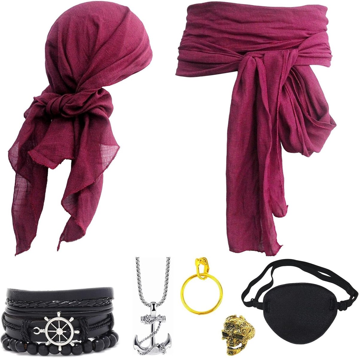 7 stuks middeleeuws piratenkostuum accessoireset dames heren piratenverkleding accessoires hoofddoek oogklep oorbellen halsketting armband heupdoek voor Halloween cosplay party