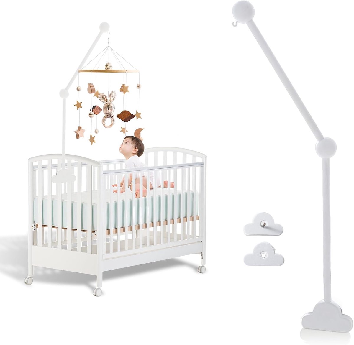 mobiele houder hout wit wolken: Nizirioo mobiele houder babybed belhouder mobiele houder luiertafel box wieg DIY baby mobiele houder houder voor windspel bedbel