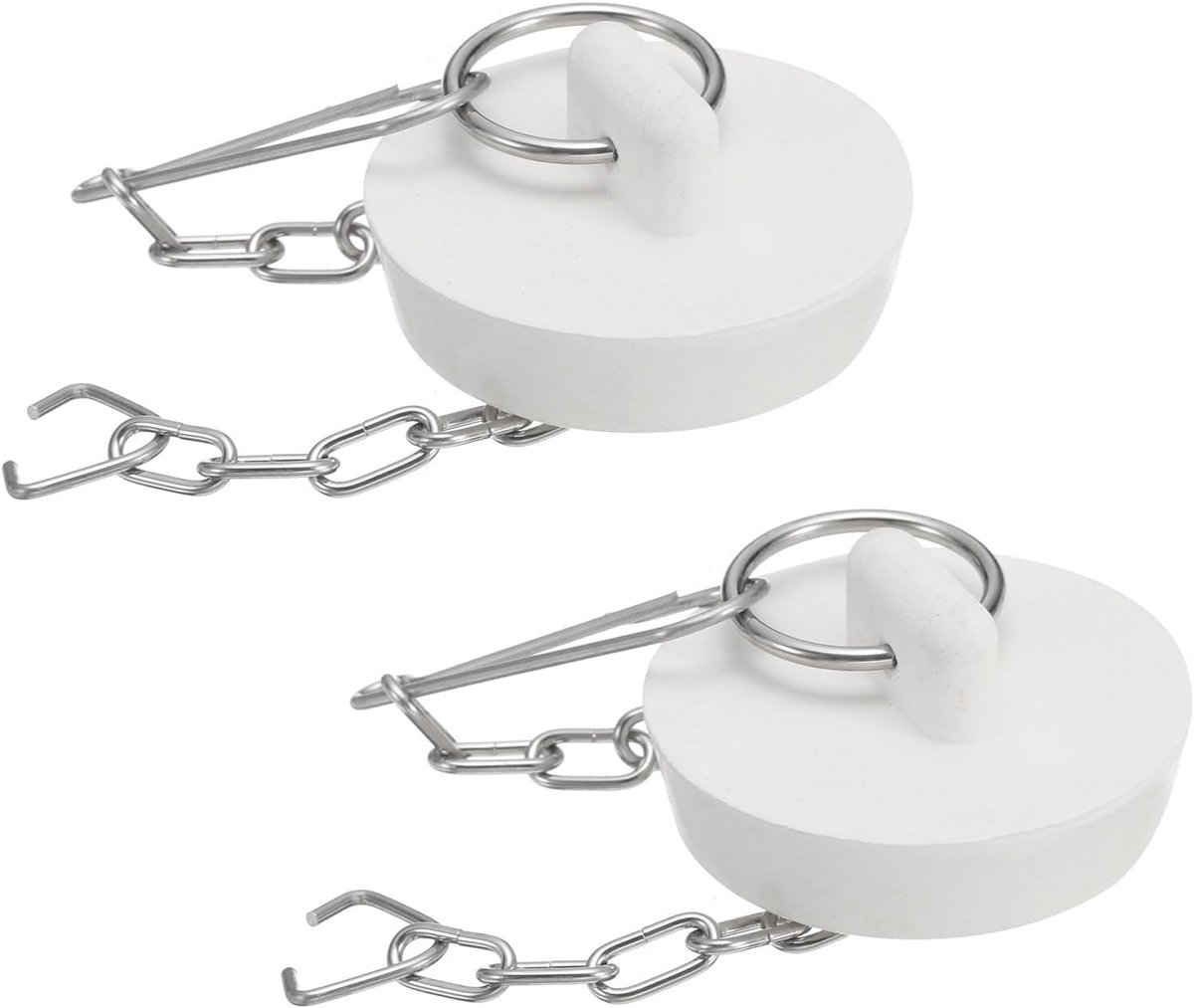 2 stuks badstoppers van rubber, 38-39 mm, voor afvoer in de keuken, afvoerstop voor badkamer met trekring en ketting van roestvrij staal, wit