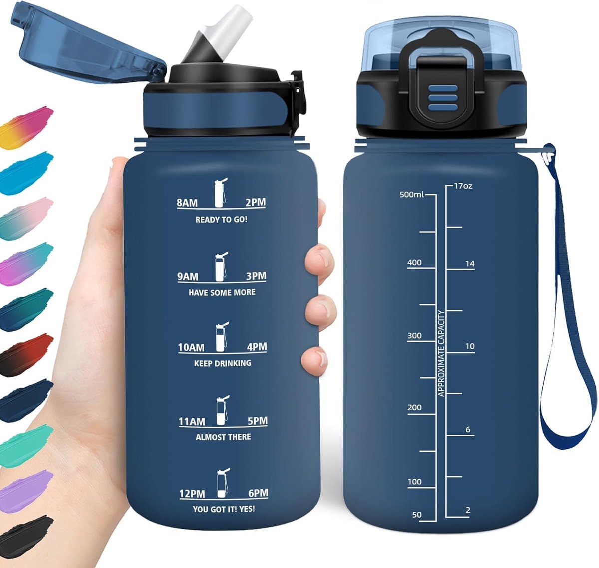 Drinkfles 500 ml, BPA-vrij en lekvrij, drinkfles met rietje, herbruikbare drinkfles voor de basisschool, motiverende drinkfles voor school, fitnessstudio, kantoor, hardlopen
