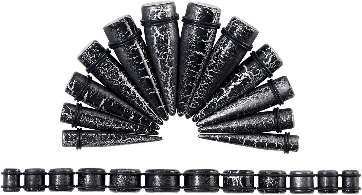 Oorstretchers, set, van acryl, tapers, plugs, expansiestaafjes, oorpiercings, met O-ringen, 10 mm - 20 mm, piercingsieraden, 24 stuks