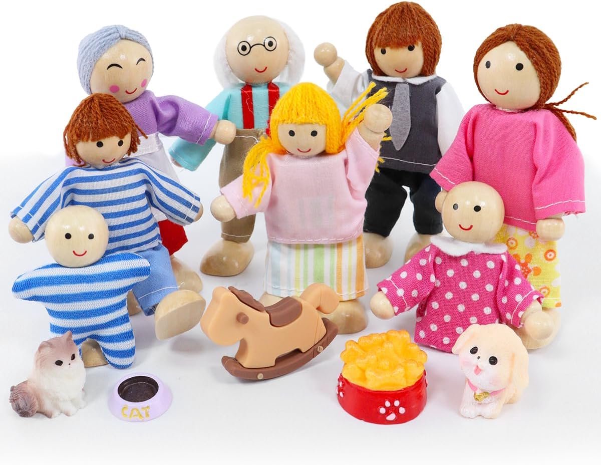 Poppenhuis Familie Set - 13 Stuks Buigpoppen met Kat en Hond, Accessoires