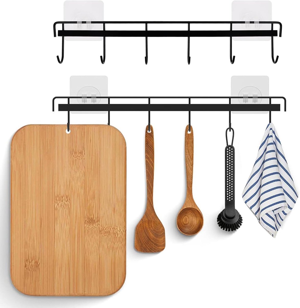 hangers met 6 haken, 2 stuks wandmontage gebruiksvoorwerp rail rek ruimtebesparend wandgebruiksvoorwerp haken zonder boren muur hangers voor keuken badkamer woonkamer (zwart)