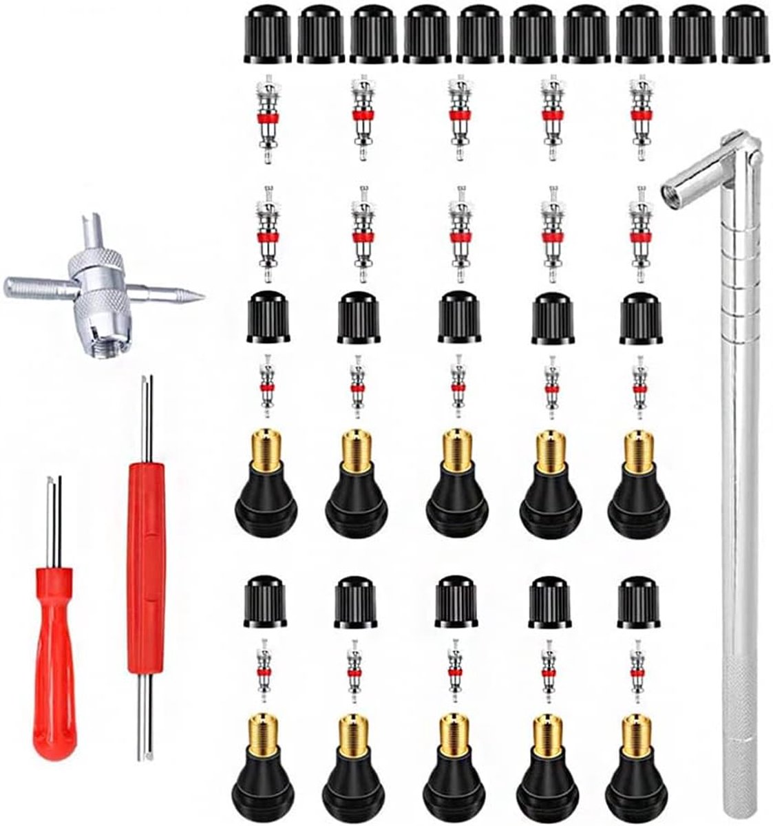 Trekker Gereedschap Set met 10 stuks TR412 Snap-in Ventielstelen met Ventielkernen, 1 stuks Dubbele Enkelkop Ventielkern Verwijderaar 1 stuks 4-Weg Ventiel Gereedschap