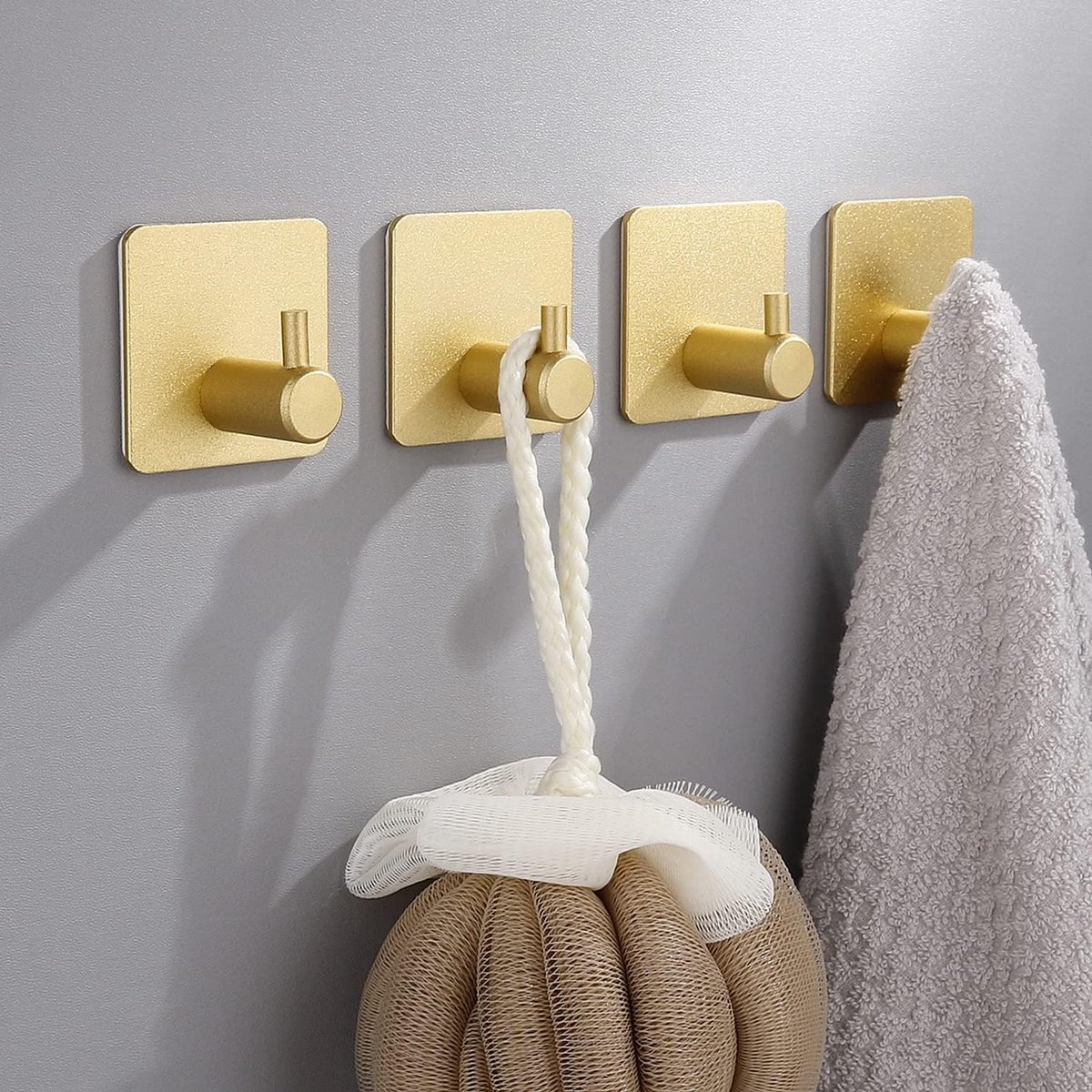 Zelfklevende haken van roestvrij staal - gouden afwerking, 4 stuks, geen boor en geen schroef, voor muur, baksteen, deur, keuken, badkamer