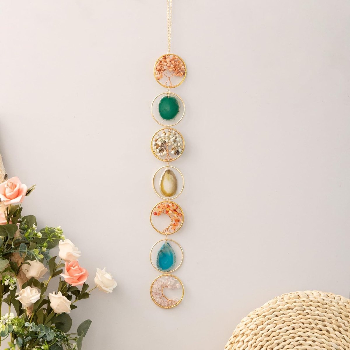 Crystals Tree of Life Dream Catchers, natuurlijke edelsteen agaat wandhangers voor ramen tuin woondecoratie (kleurrijk 7 ringen)