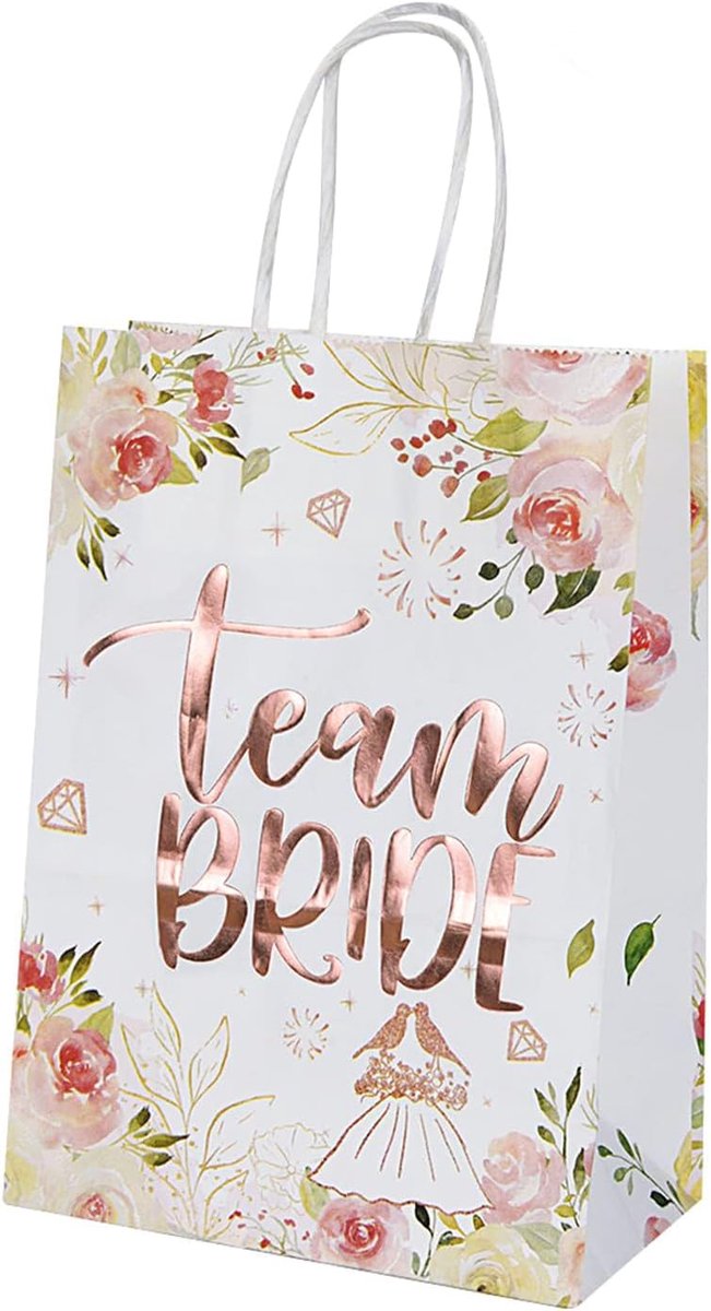 Cadeauzakjes voor vrijgezellenfeest, 10 stuks papieren zakken voor teambruid met handgrepen, vrijgezellenfeesttassen, teambruidstassen, roségoud, bloemenkip feestgeschenkzakje voor bruiloft