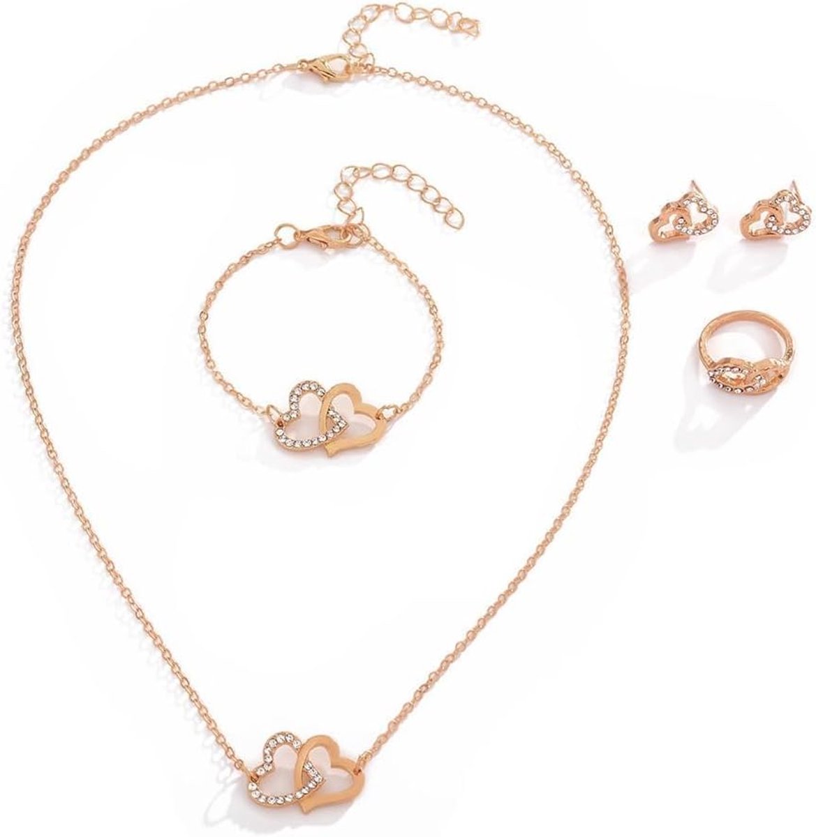 Sieradenset dames dubbel hart kristal hanger halsketting oorstekers armband ringen sieraden set bruidssieraden geschenken voor meisjes bruiloft verloving party