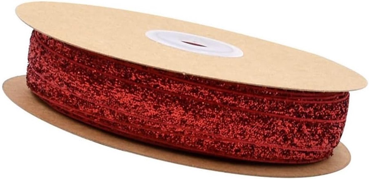 1 rol fluwelen lint, 10 mm x 20 m, eenzijdig glittersatijnen lint, decoratief cadeaulint, glitter-fluweel, kerstglitterbanden voor knutselwerk, bloemen, geschenkverpakking, rood