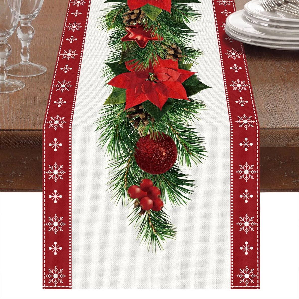 Tafelloper 183 x 33 cm, Rood Linnen Saffloer Tafelloper met Rode Bloem Kerstboom Klokken Print voor Xmas Kerstman Tafel Middenstuk Decoraties Home Decor