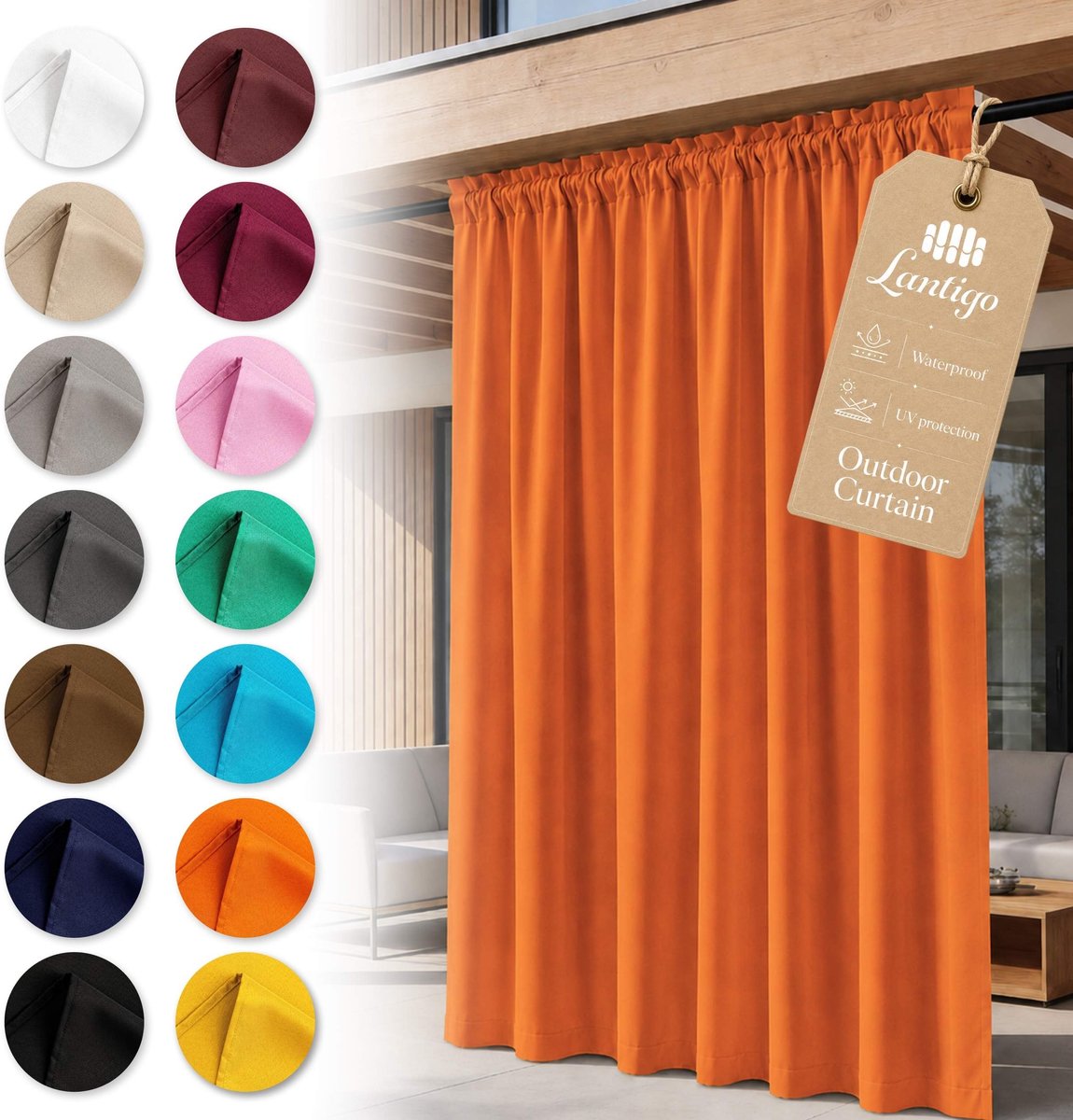 Lantigo Buitengordijn Oranje 155x200 cm UV-bestendig | Buitengordijn pergola overkapping tuin balkon ringen