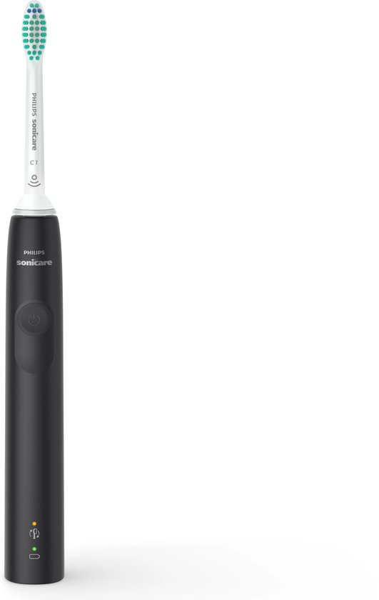 Zwarte Philips Sonicare elektrische tandenborstel met witte borstelkop en laadindicatoren aan de onderkant.