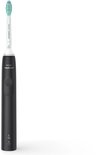 Zwarte Philips Sonicare elektrische tandenborstel met witte borstelkop en laadindicatoren aan de onderkant.