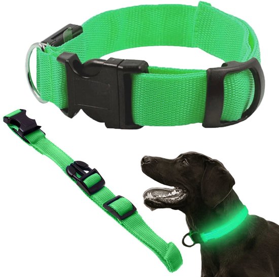 Groen, verstelbaar hondenhalsband met zwarte gesp en ring, ook met gloeiend effect.